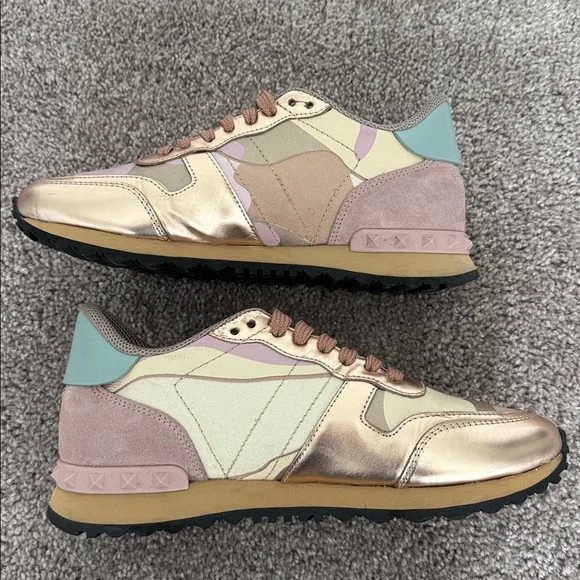 VALENTINO GARAVANI ROCKRUNNER LEATHER CAMO SNEAKERS/PINK & ROSE GOLD Size 37.5 - Picture 8 of 10